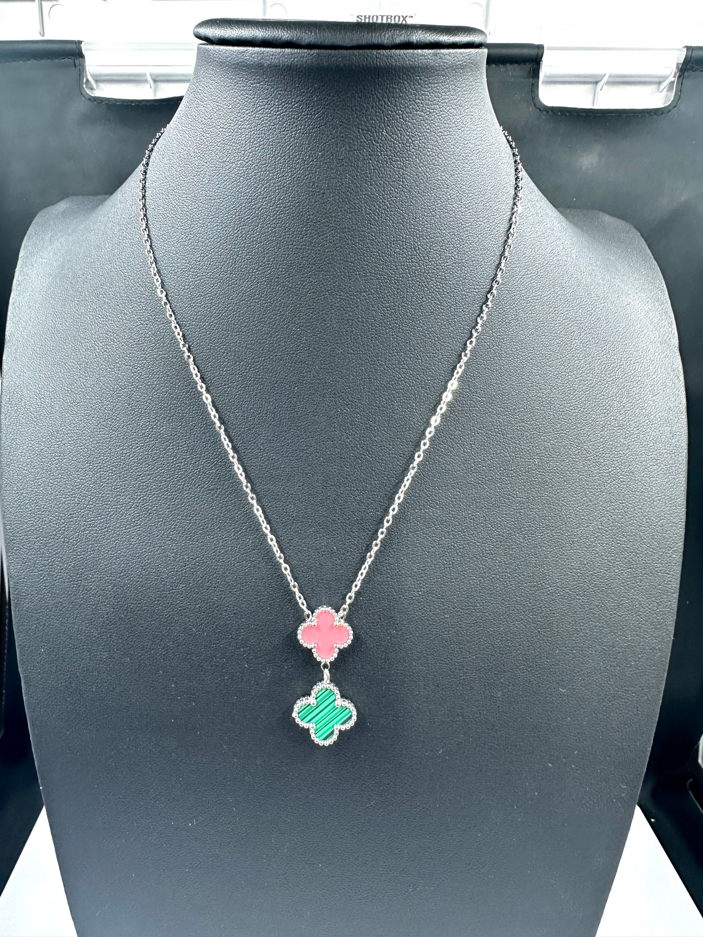 Kaitlin Clover Pink and Green Drop Gold Necklace
