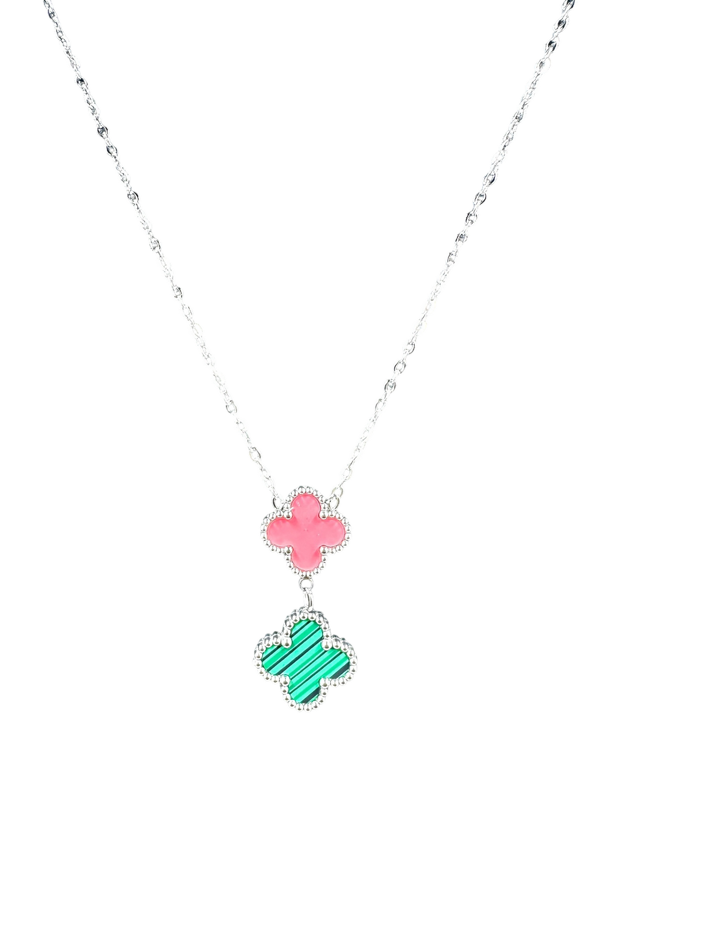 Kaitlin Clover Pink and Green Drop Gold Necklace