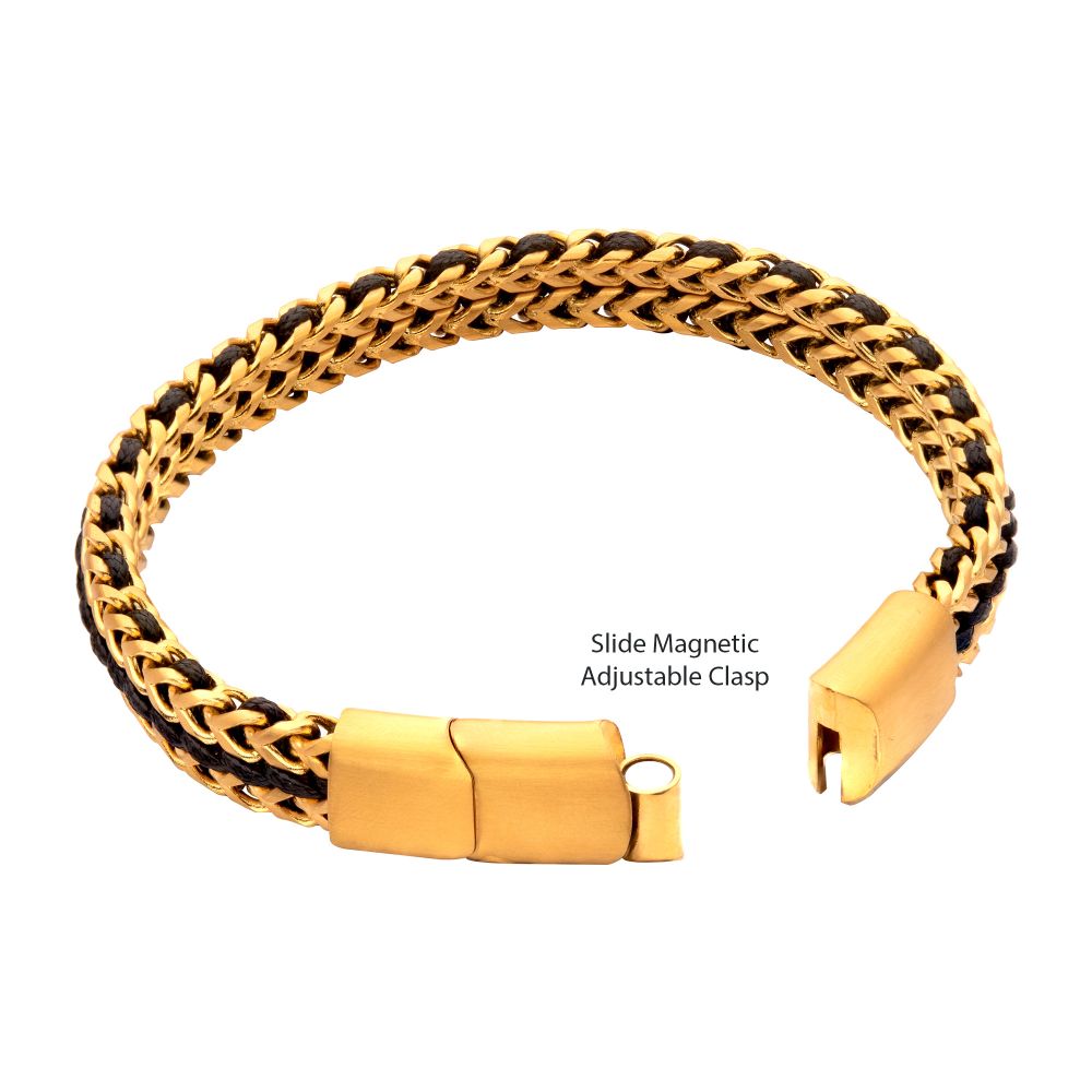 Gold IP Stainless Steel Foxtail Chain Black Cord Bracelet