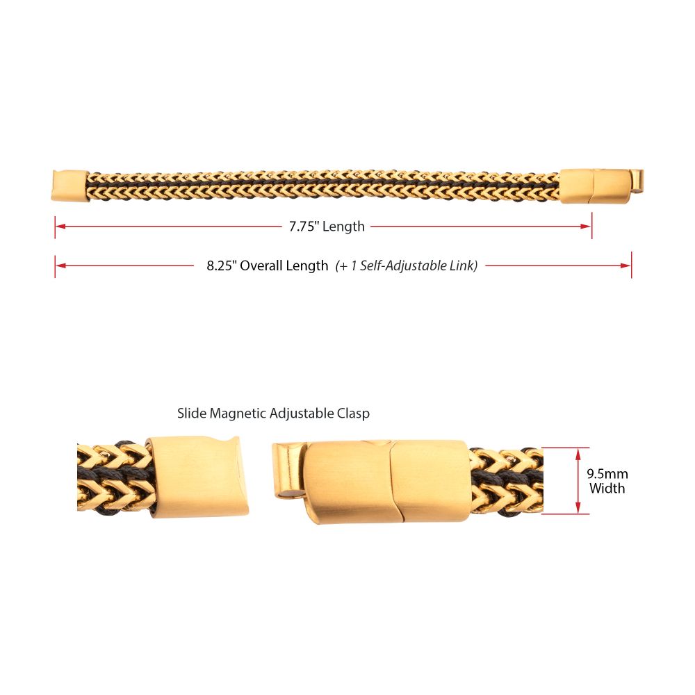 Gold IP Stainless Steel Foxtail Chain Black Cord Bracelet