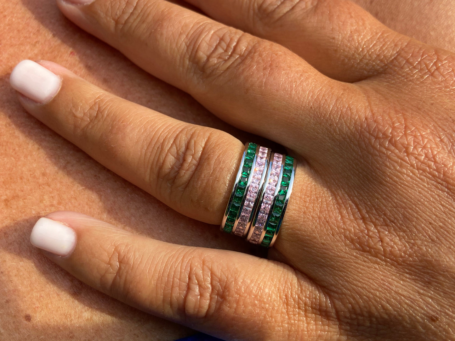 Green Emerald and Pink Sapphire Eternity Ring Rings Trendzio Jewelry