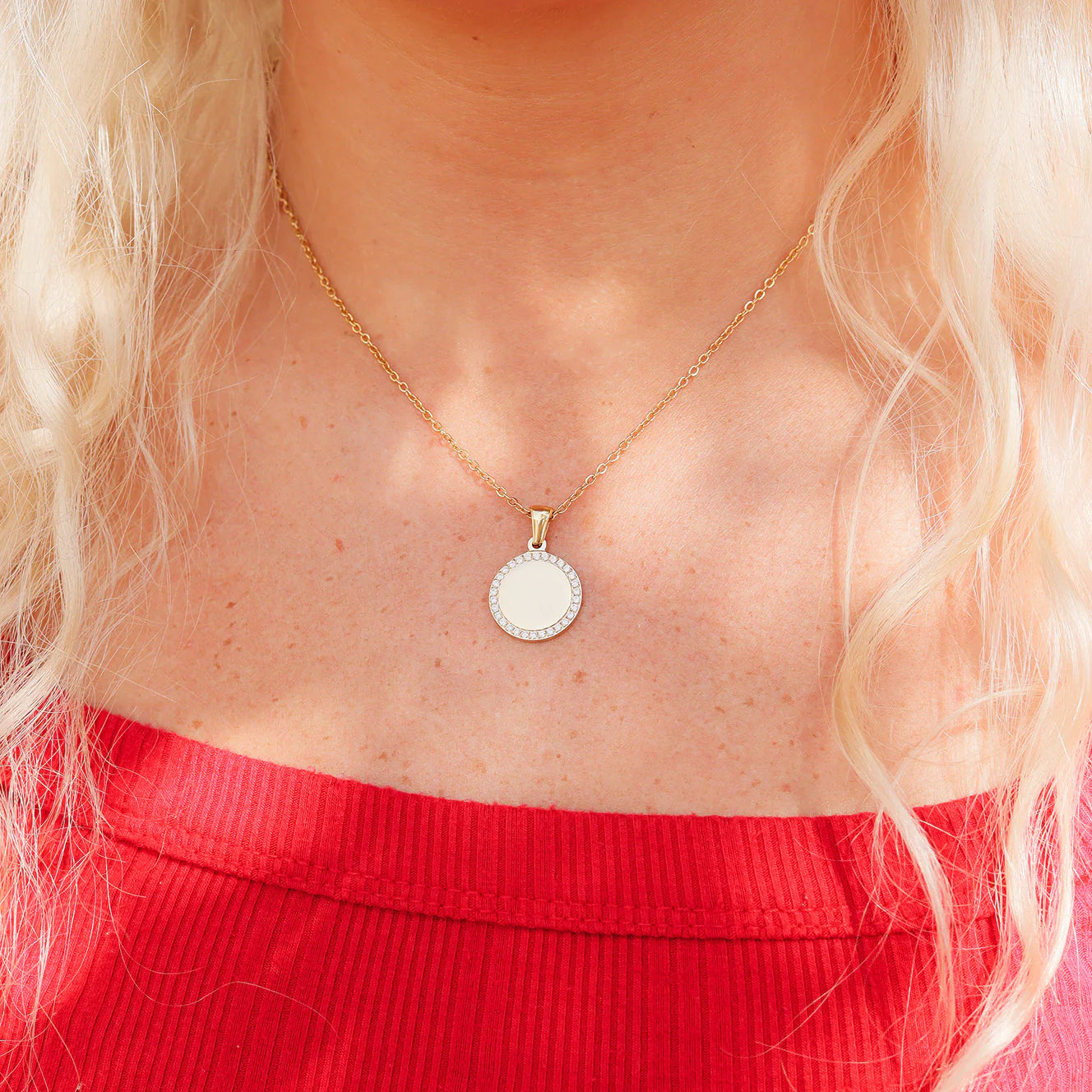 Celina Engraved Circle CZ Pendant Necklace