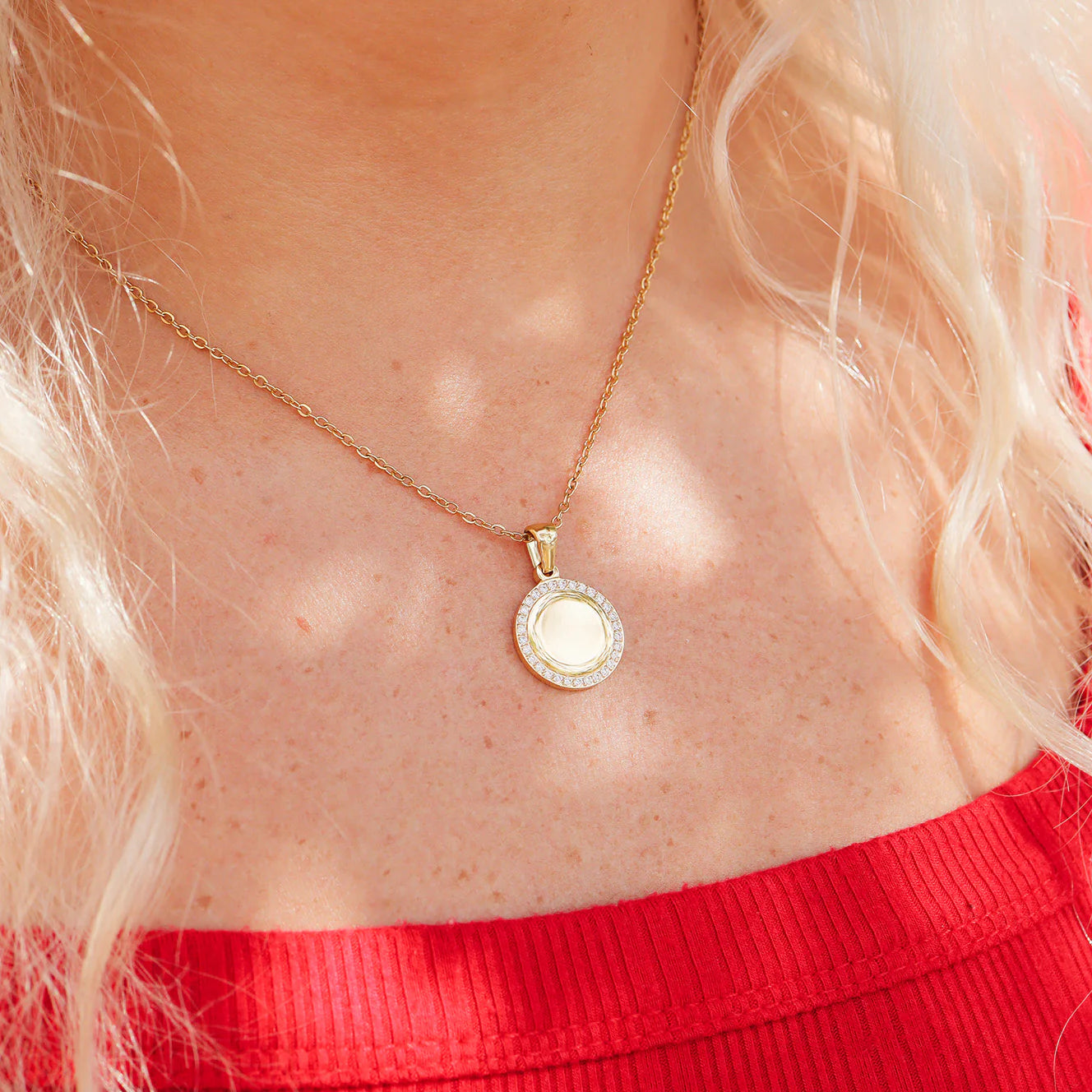 Celina Engraved Circle CZ Pendant Necklace