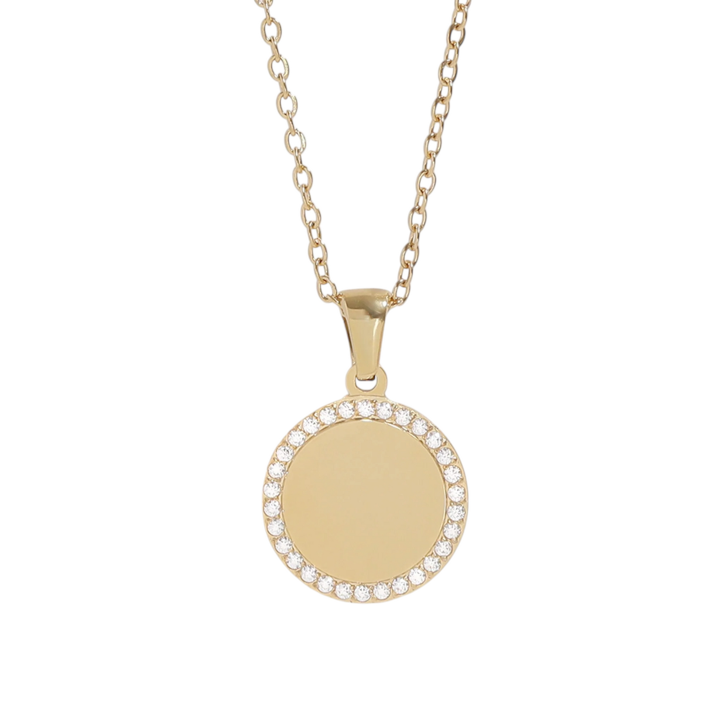 Celina Engraved Circle CZ Pendant Necklace