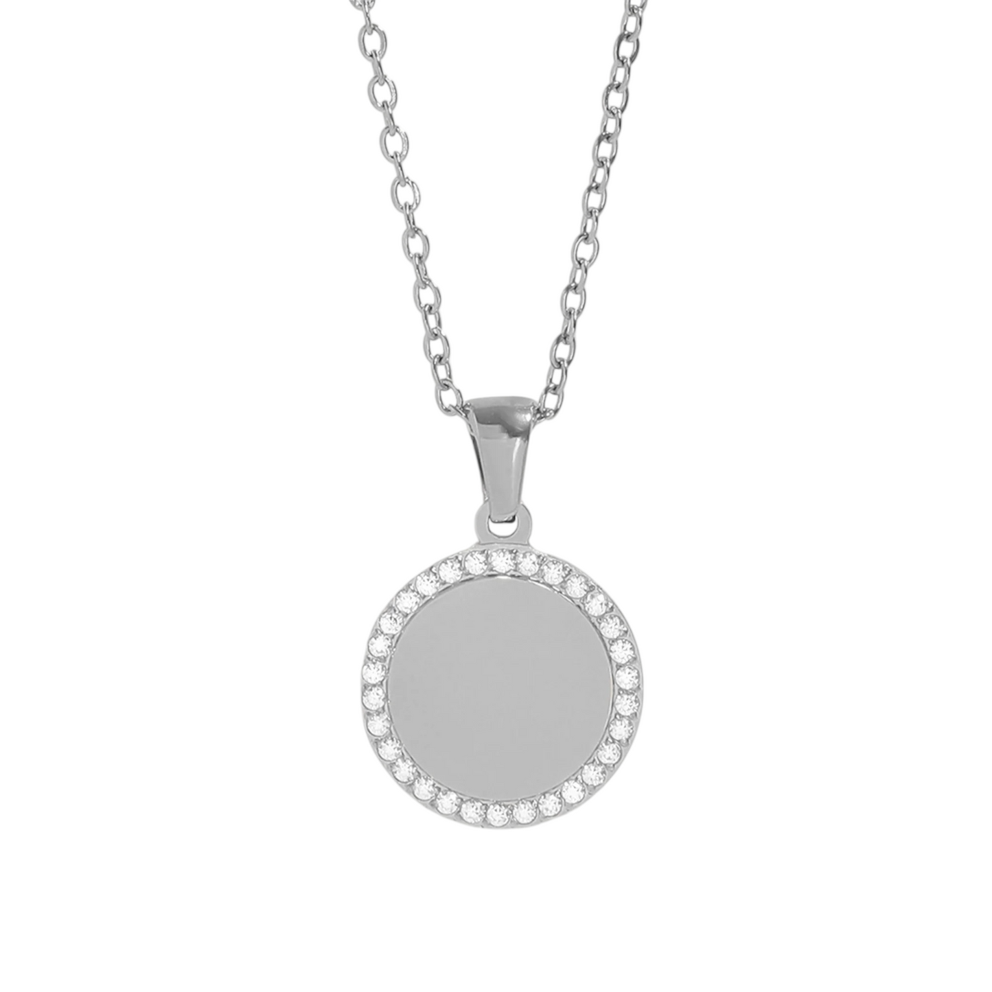 Celina Engraved Circle CZ Pendant Necklace
