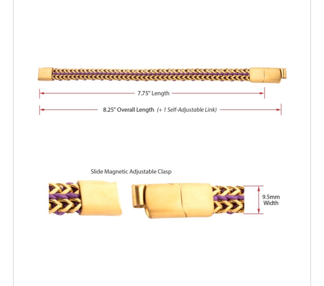 Gold IP Stainless Steel Foxtail Chain Purple Cord Bracelet