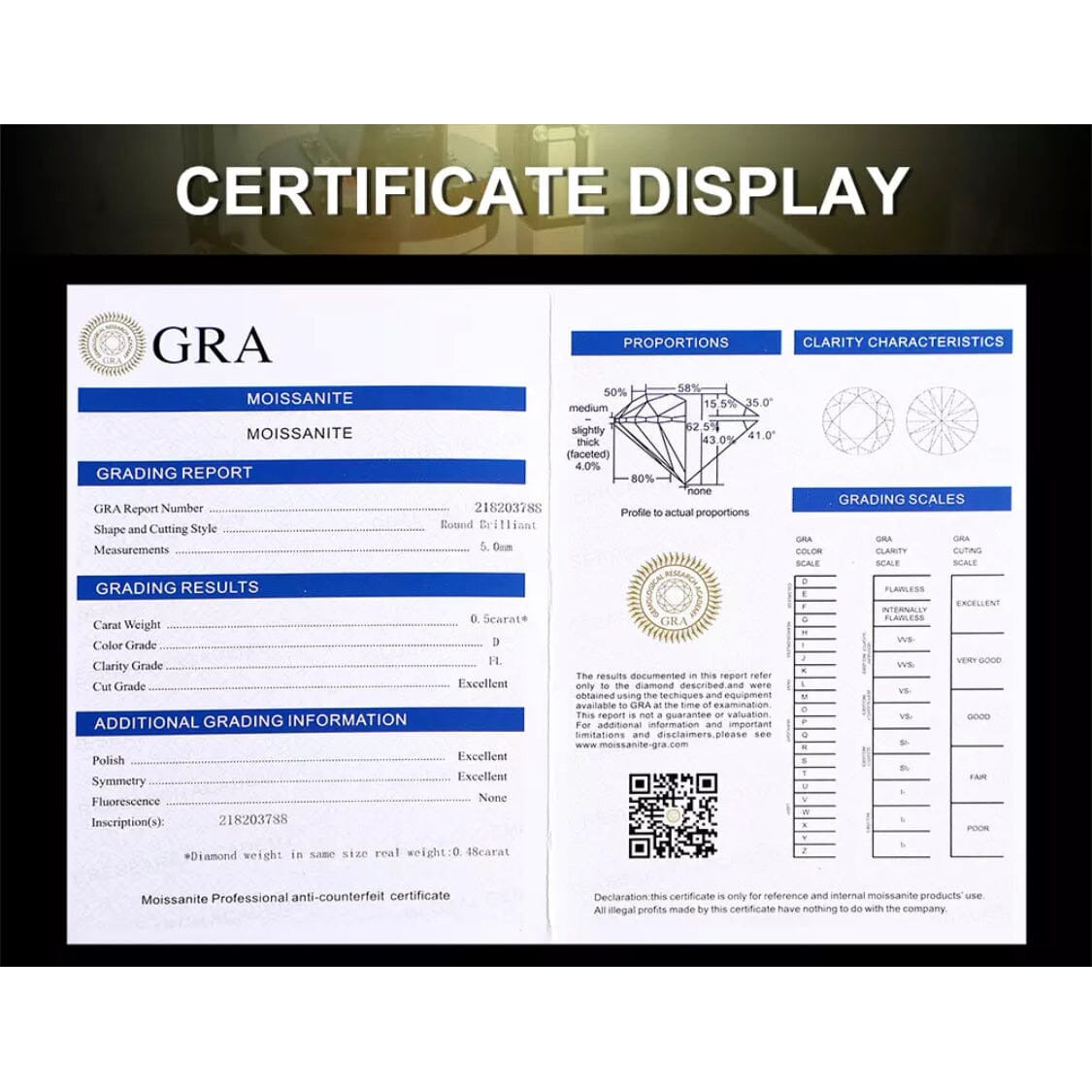 This image showcases a professional Moissanite grading certificate by GRA with detailed clarity characteristics, proportions, and a unique QR code for verification - essential information for gem enthusiasts and buyers. #Moissanite #GRA #JewelryCertification #QualityAssurance