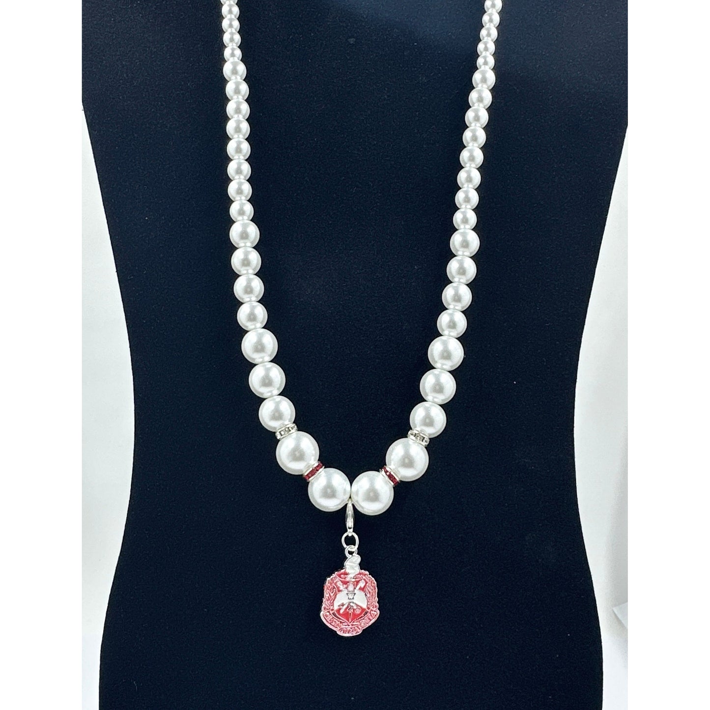 Delta Sigma Theta Glass Pearl Necklace with Shield Necklaces Trendzio