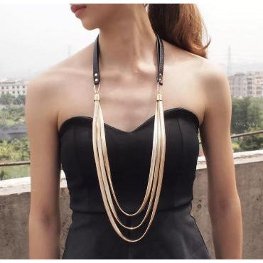 Leather and Gold Chain Multi Layered Necklace necklace Trendzio