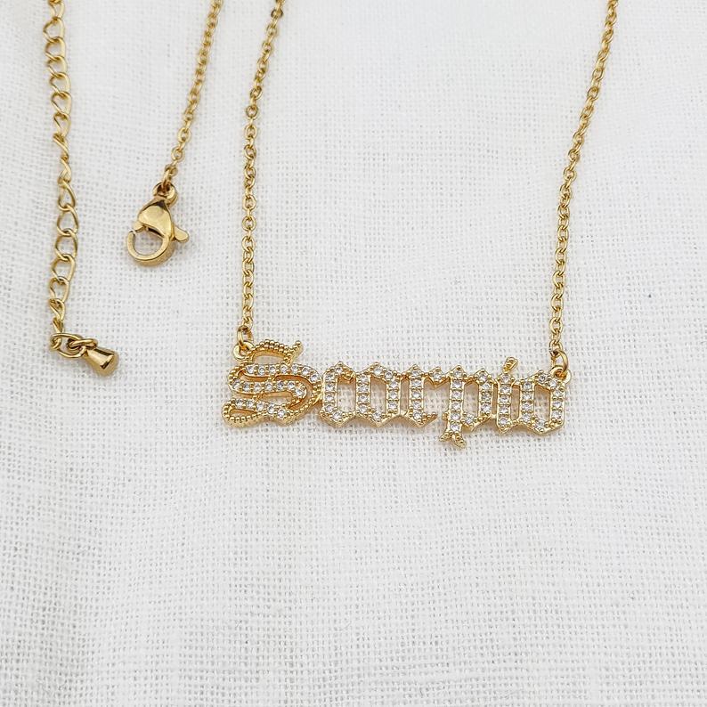 Old English Zodiac CZ Gold Necklace necklace TRENDZIO