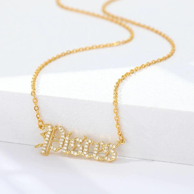 Old English Zodiac CZ Gold Necklace necklace TRENDZIO
