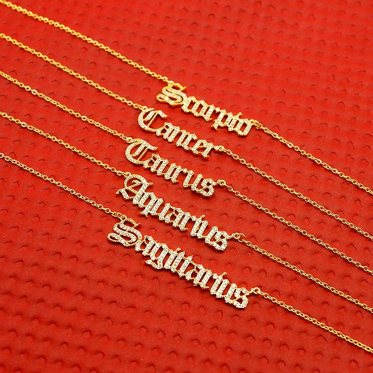 Old English Zodiac CZ Gold Necklace necklace TRENDZIO