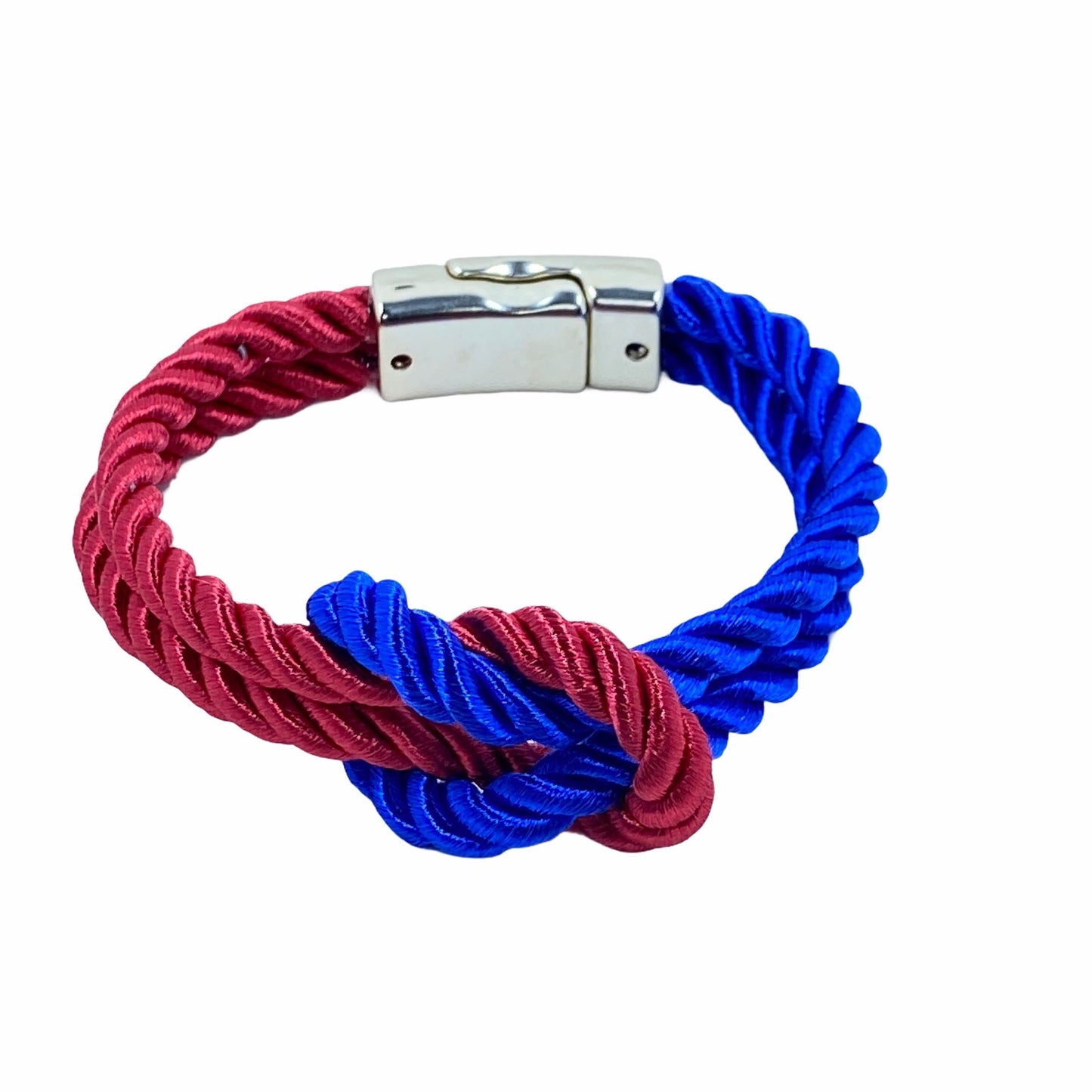 Adjustable blue and red satin rope bracelet with a love knot design and magnetic clasp, evoking team spirit and national pride.