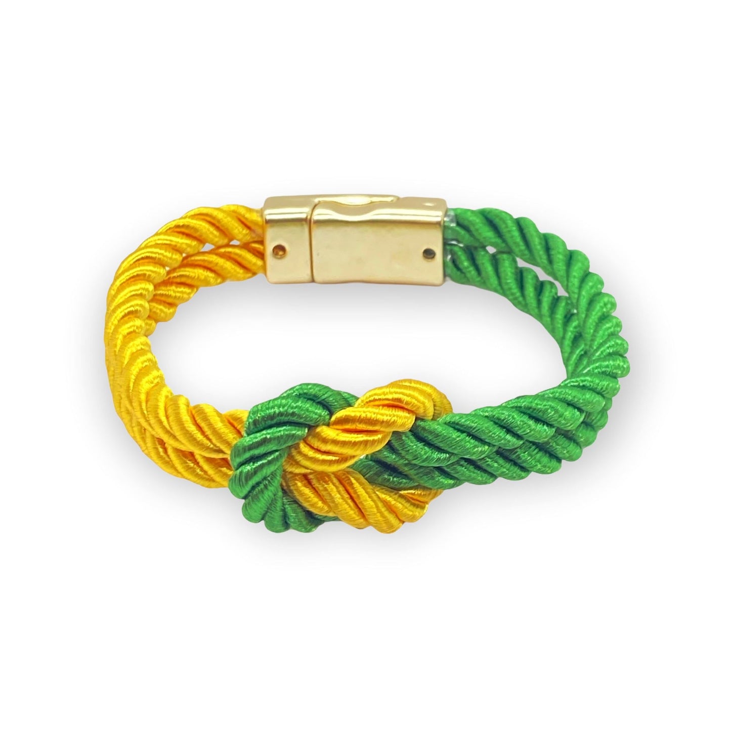 Green and gold satin rope bracelet with love knot design and customizable clasp.