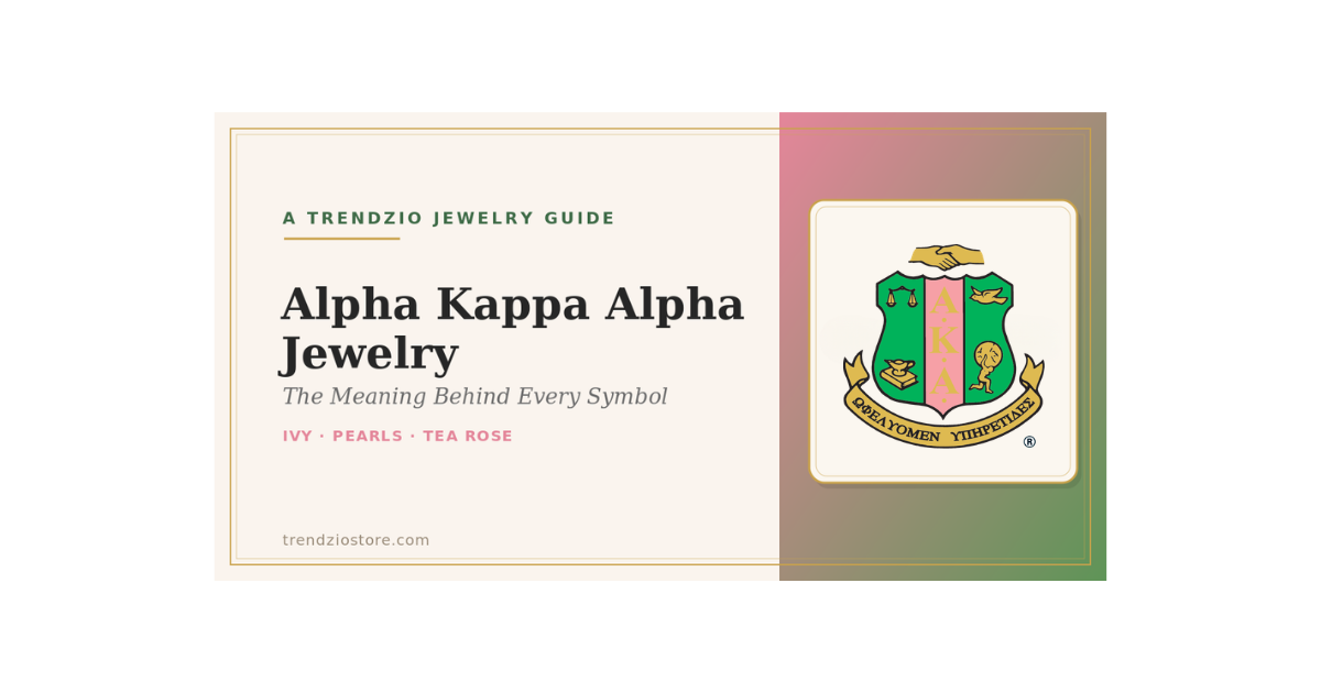 Alpha Kappa Alpha official crest on a Trendzio Jewelry Alpha Kappa Alpha jewelry guide banner in salmon pink and apple green