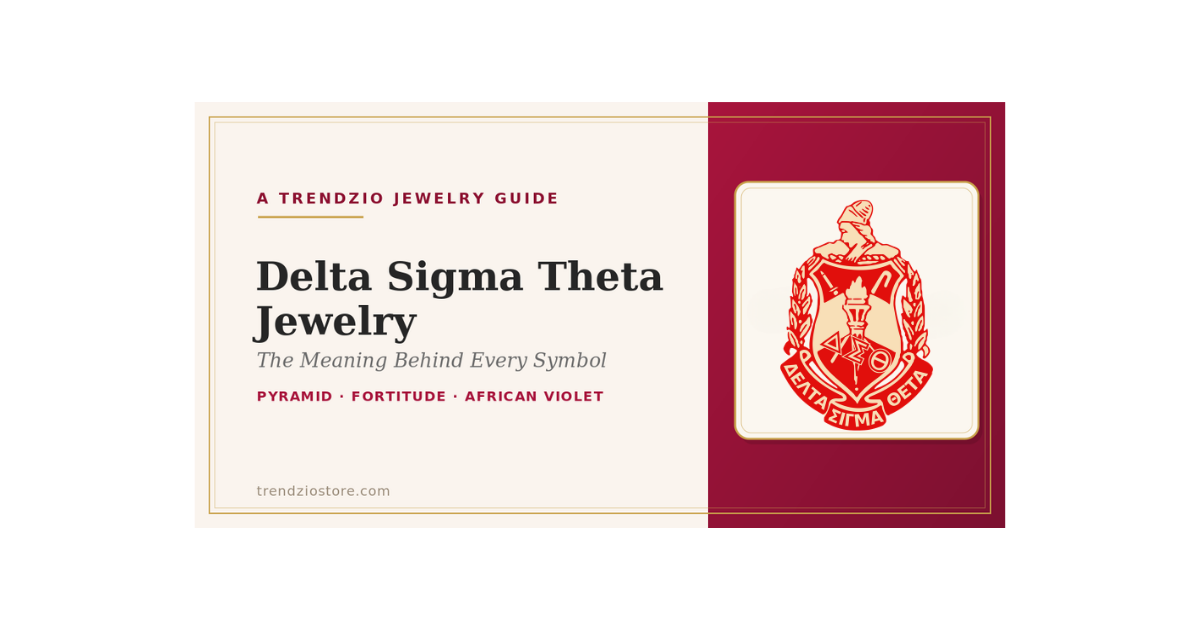 Delta Sigma Theta official crest on a Trendzio Jewelry Delta Sigma Theta jewelry guide banner in crimson and cream