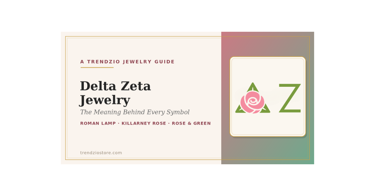 Delta Zeta official crest on a Trendzio Jewelry Delta Zeta jewelry guide banner in old rose and Nile green