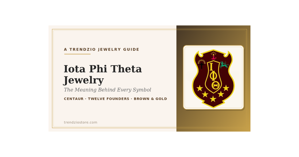 Iota Phi Theta official crest on a Trendzio Jewelry Iota Phi Theta jewelry guide banner in charcoal brown and gilded gold