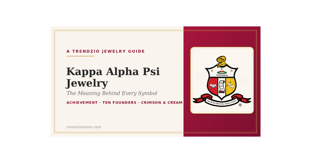 Kappa Alpha Psi official crest on a Trendzio Jewelry Kappa Alpha Psi jewelry guide banner in crimson and cream