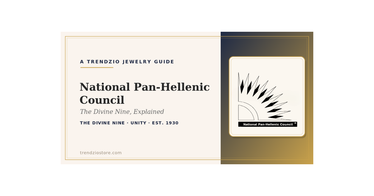 National Pan-Hellenic Council emblem on a Trendzio Jewelry Divine Nine guide banner in navy and gold