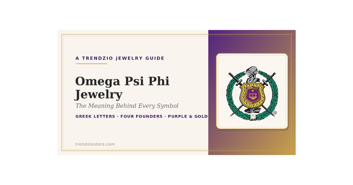 Omega Psi Phi official crest on a Trendzio Jewelry Omega Psi Phi jewelry guide banner in royal purple and old gold