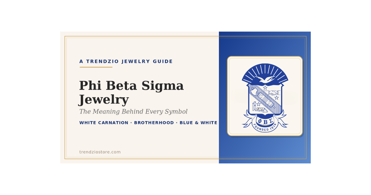 Phi Beta Sigma official crest on a Trendzio Jewelry Phi Beta Sigma jewelry guide banner in royal blue and pure white