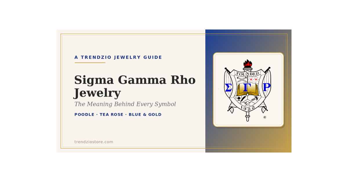 Sigma Gamma Rho official crest on a Trendzio Jewelry Sigma Gamma Rho jewelry guide banner in royal blue and gold