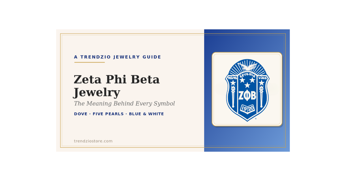 Zeta Phi Beta official crest on a Trendzio Jewelry Zeta Phi Beta jewelry guide banner in royal blue and white