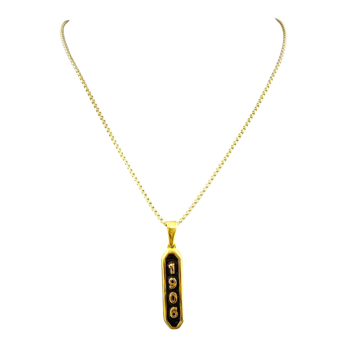 Alpha Phi Alpha 1906 gold and black enamel pendant necklace, close-up, by Trendzio Jewelry