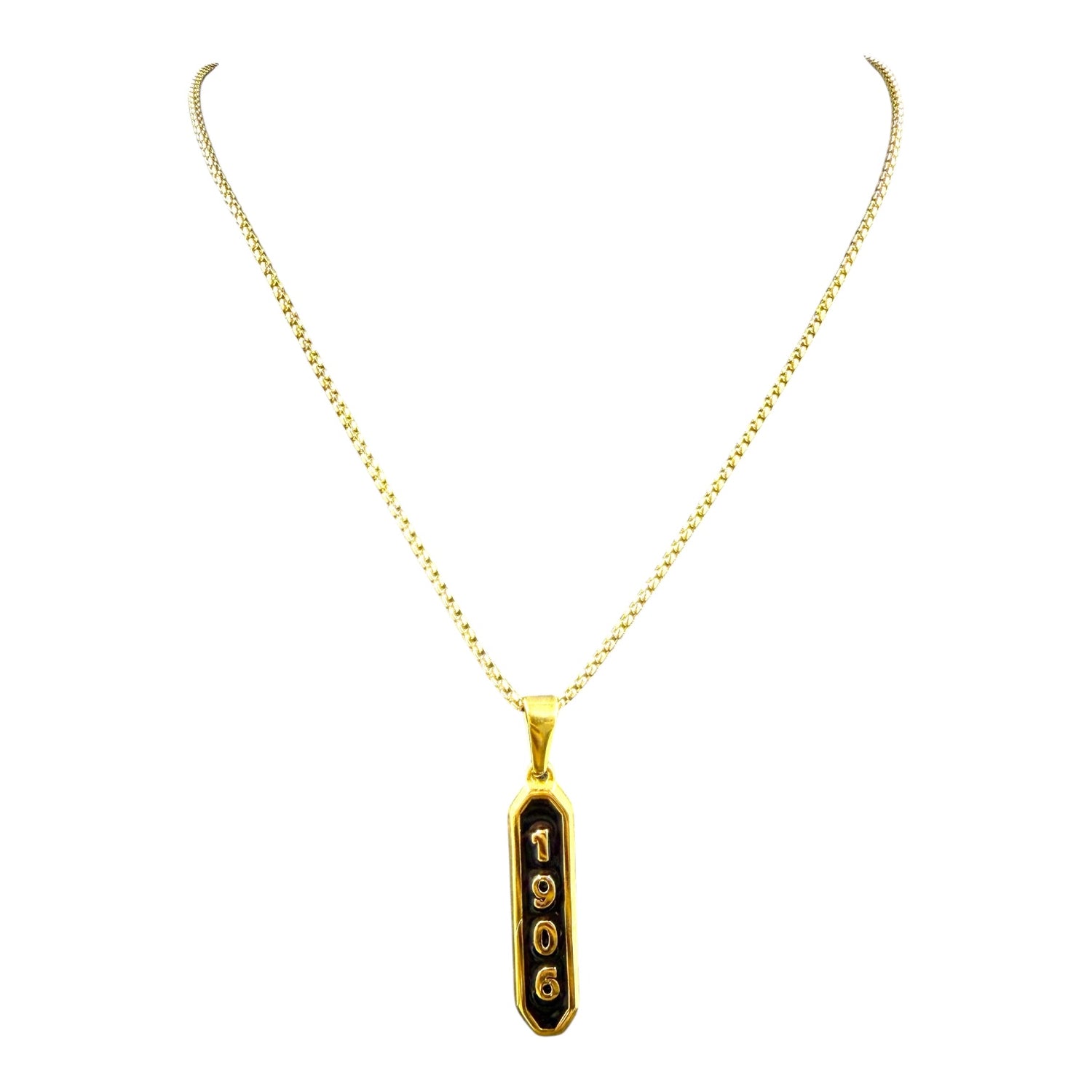 Alpha Phi Alpha 1906 gold and black enamel pendant necklace, close-up, by Trendzio Jewelry