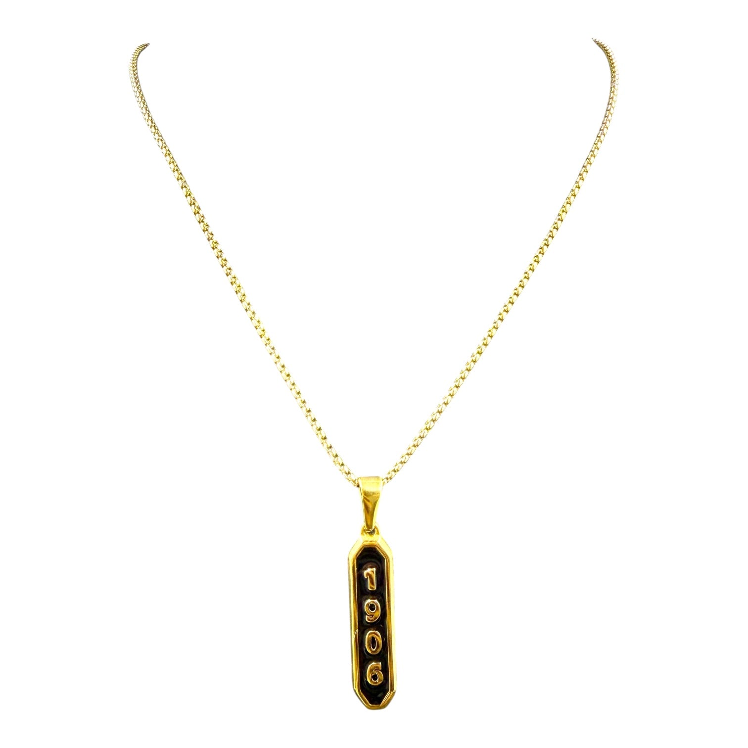 Alpha Phi Alpha 1906 gold and black enamel pendant necklace, close-up, by Trendzio Jewelry