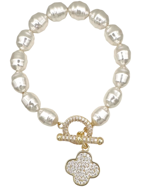 Baroque Glass Pearl CZ Toggle Bracelet