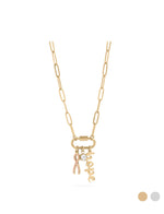 Gold paperclip necklace with pink pavé ribbon, clear round, and script hope charms
