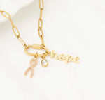 Gold pink ribbon hope necklace with carabiner clasp