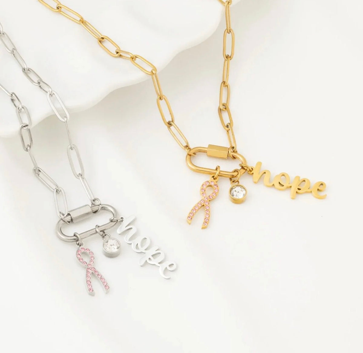 Pink ribbon hope charm necklaces in gold and silver, breast cancer awareness