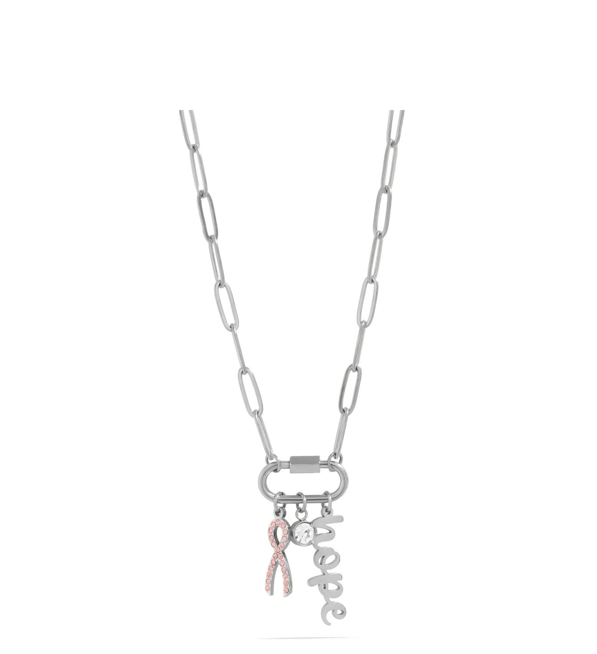 Silver-tone paperclip necklace with pink pavé ribbon, clear round, and script hope charms