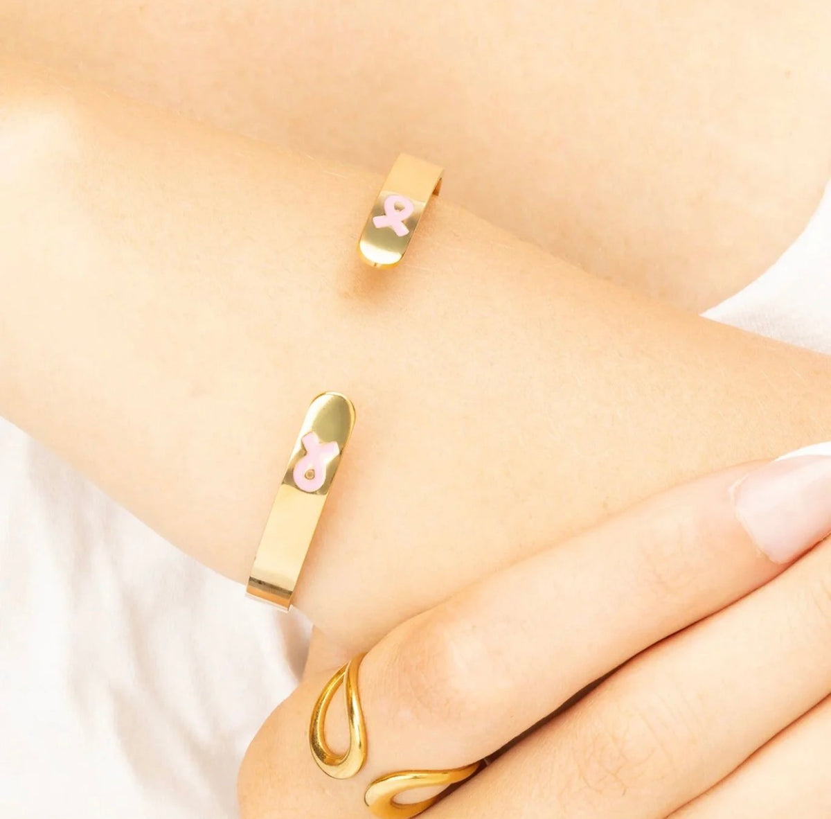 Gold F*ck Cancer open cuff bangle with awareness ribbon detail