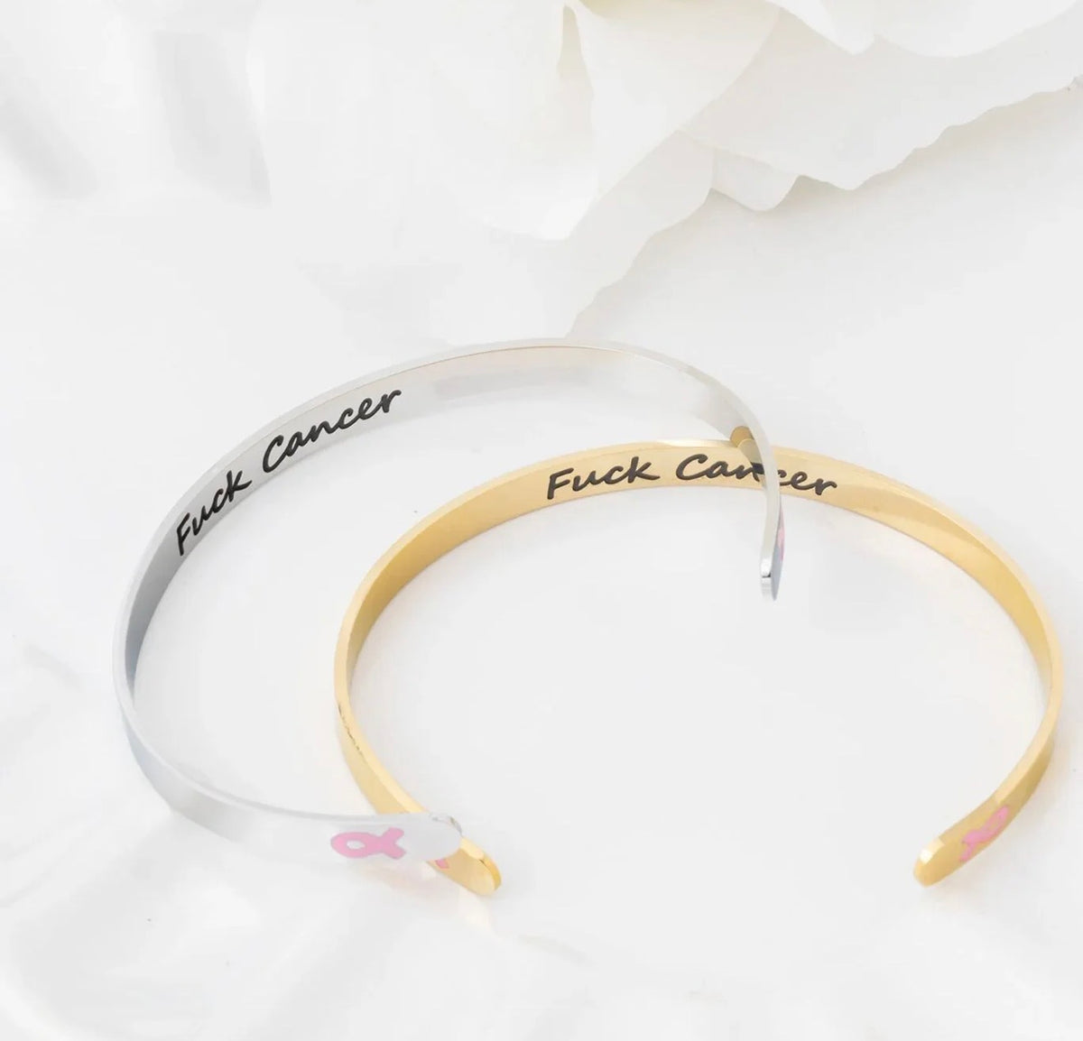 F*ck Cancer awareness ribbon bangles in gold and silver, breast cancer awareness
