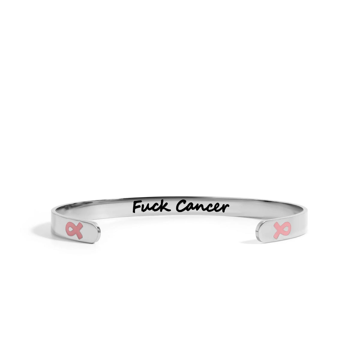 Silver-tone F*ck Cancer open cuff bangle with awareness ribbon detail