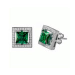 Square halo stud earrings with emerald-green cubic zirconia centers in 925 sterling silver by Trendzio Jewelry