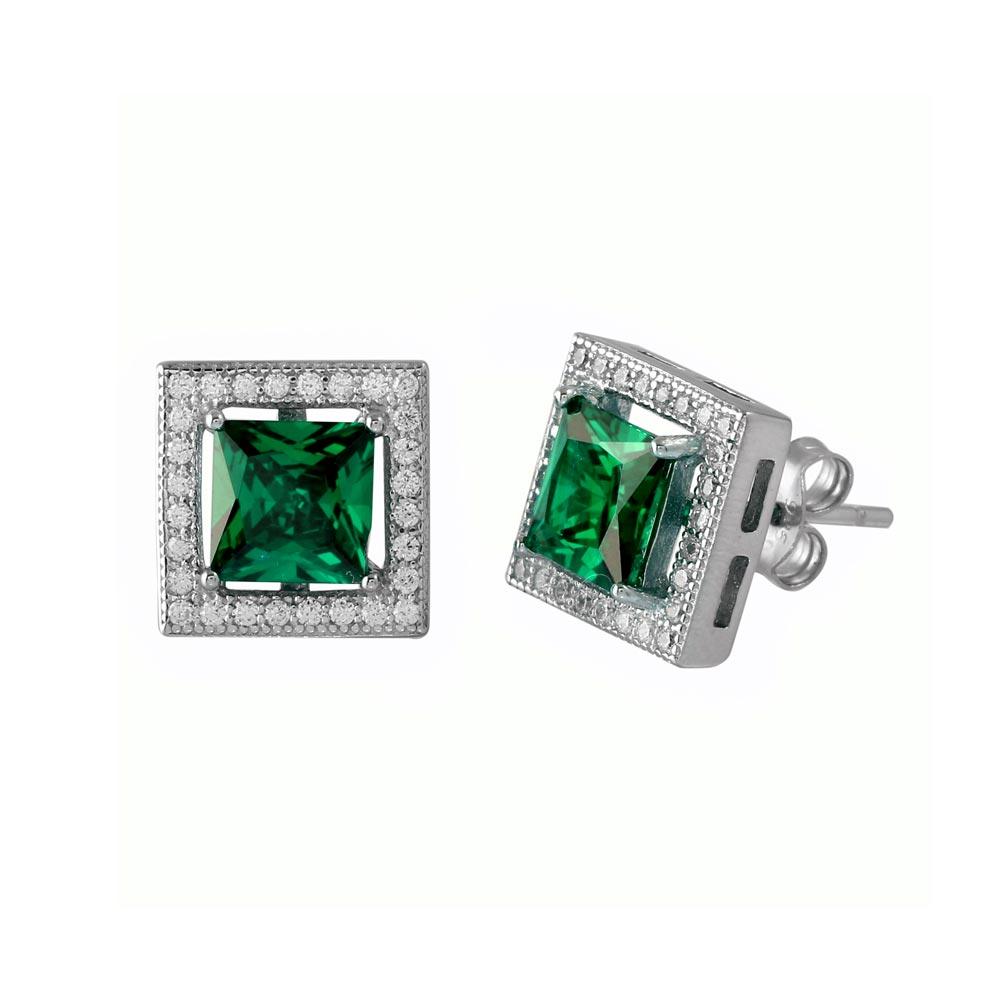 Square halo stud earrings with emerald-green cubic zirconia centers in 925 sterling silver by Trendzio Jewelry
