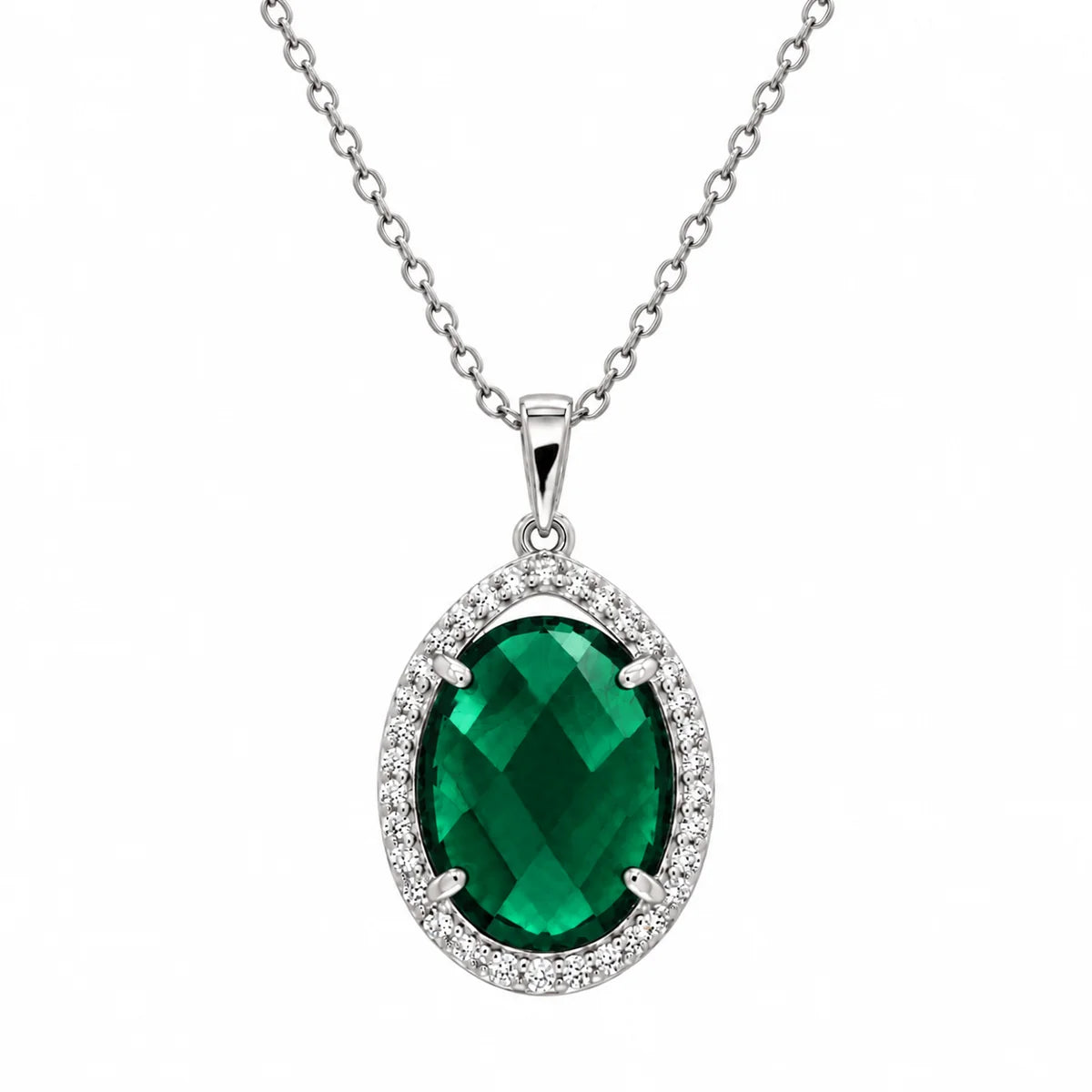 Oval pendant necklace with emerald-green cubic zirconia in 925 sterling silver by Trendzio Jewelry