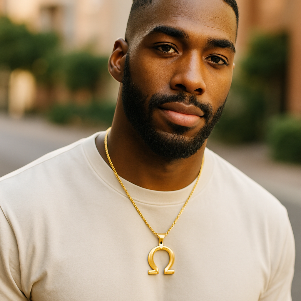 Omega Gold Greek Letter Pendant Necklace