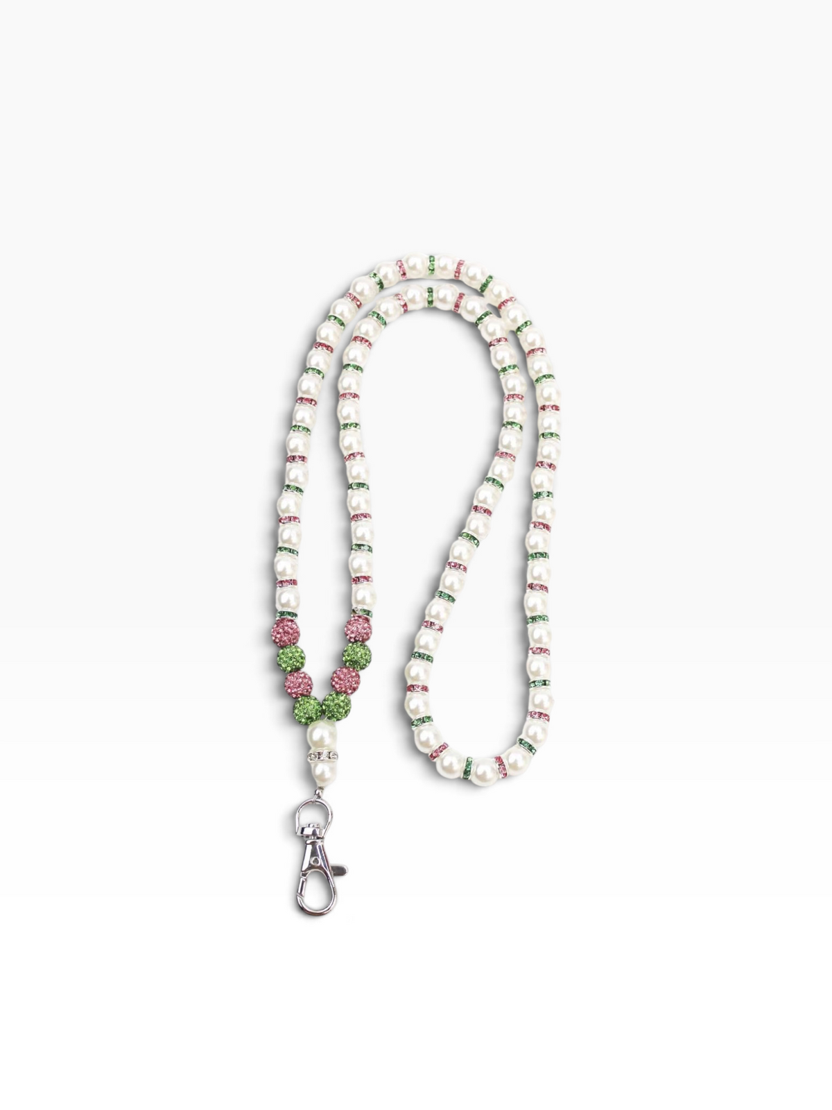 Pink and green glass pearl badge lanyard with swivel hook