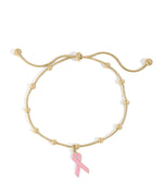 Gold pink ribbon bracelet, breast cancer awareness