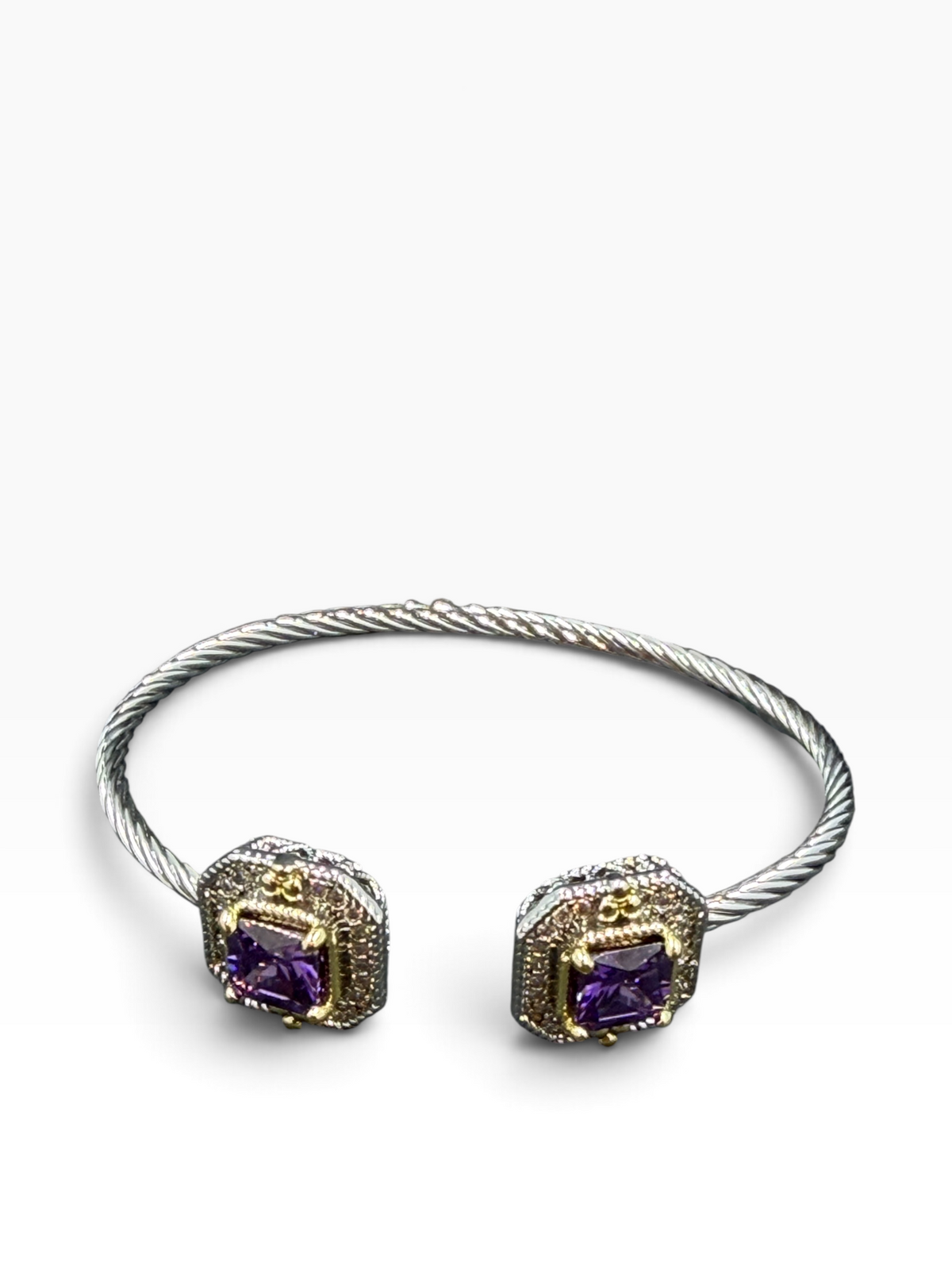 Alice stainless steel bangle with gold-tone accents and purple cubic zirconia cluster ends