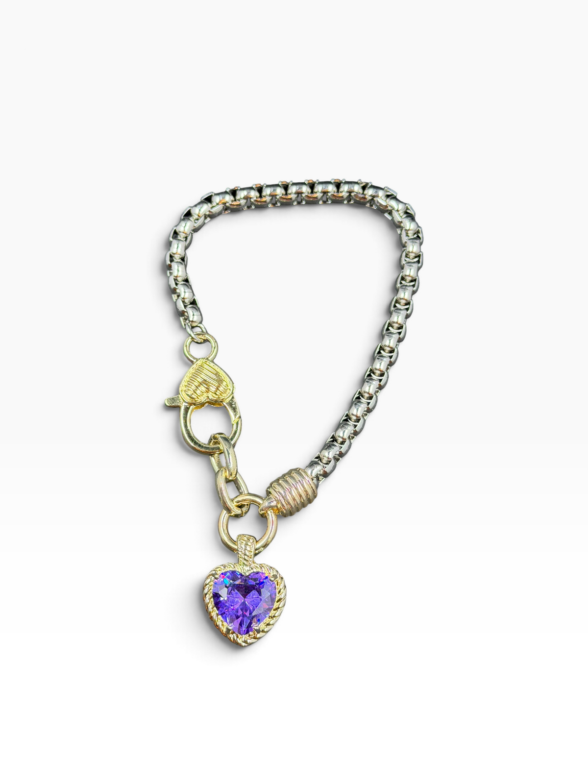 Alice silver-tone cable bracelet with heart design set with a purple cubic zirconia stone and gold accents