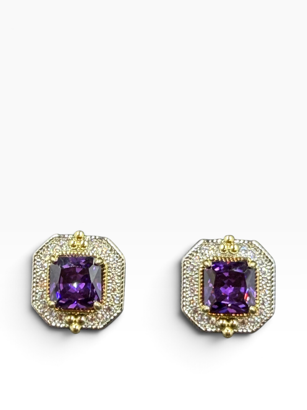 Anya silver-tone stud earrings with purple cubic zirconia stones and gold accents