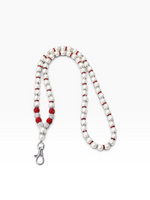 Red and white glass pearl badge lanyard with swivel hook