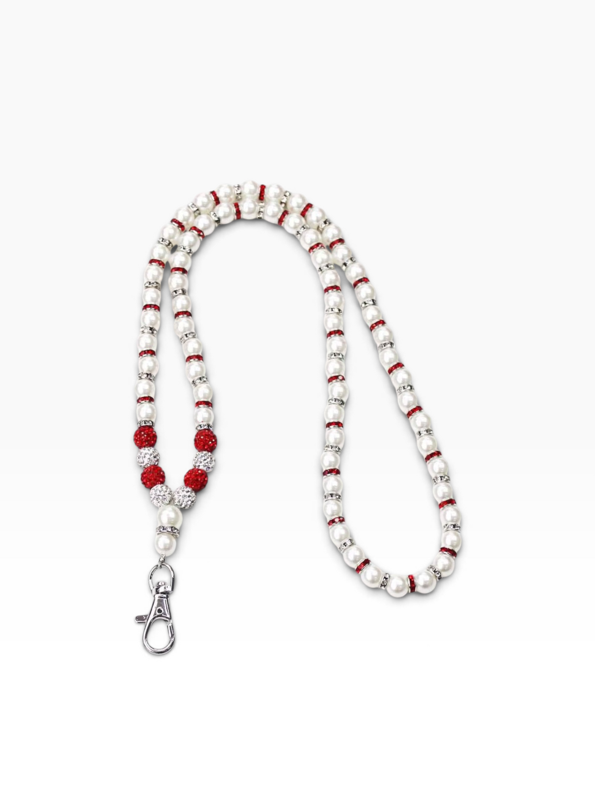 Red and white glass pearl badge lanyard with swivel hook